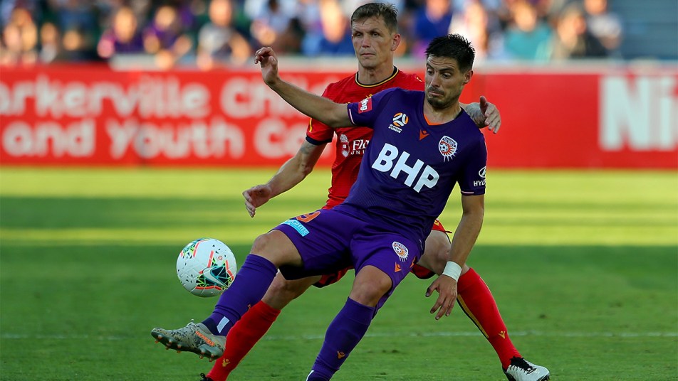 Bruno Fornaroli holds the ball up v Adelaide