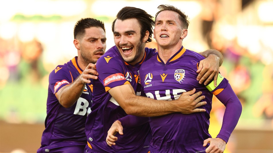 Glory v Adelaide United - Neil Kilkenny, Nick D'Agostino and Bruno Fornaroli celebrate