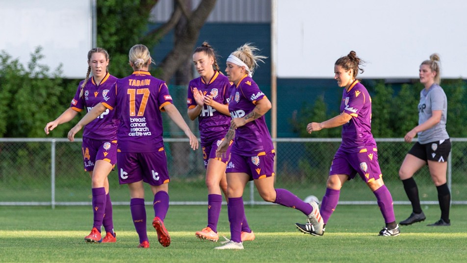 W-League pre-season - players celebrate a goal - Tom Mc